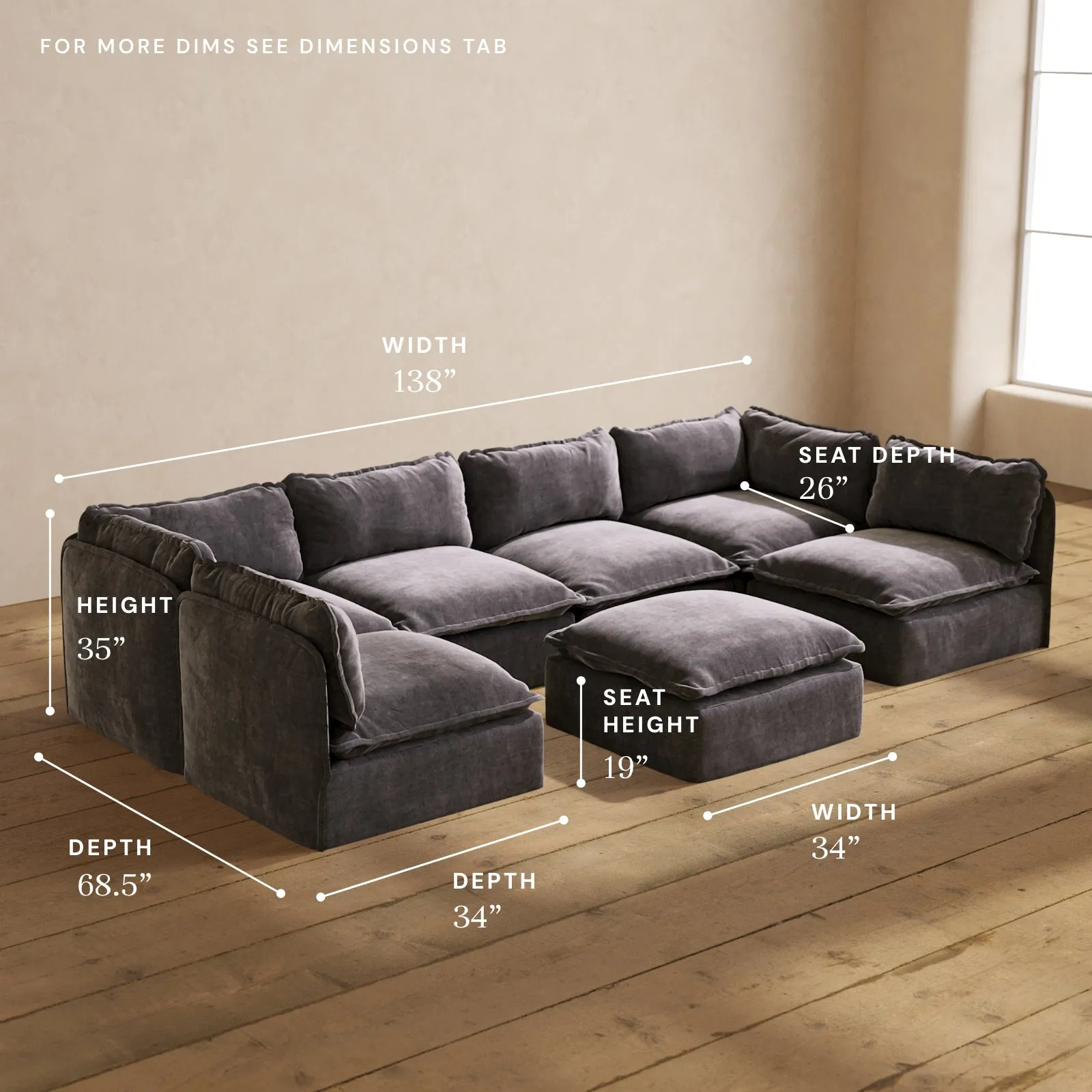 Modular Performance 6-Seater Open-Ends U-Sectional   Ottoman in Cinder | Relaxed Blend