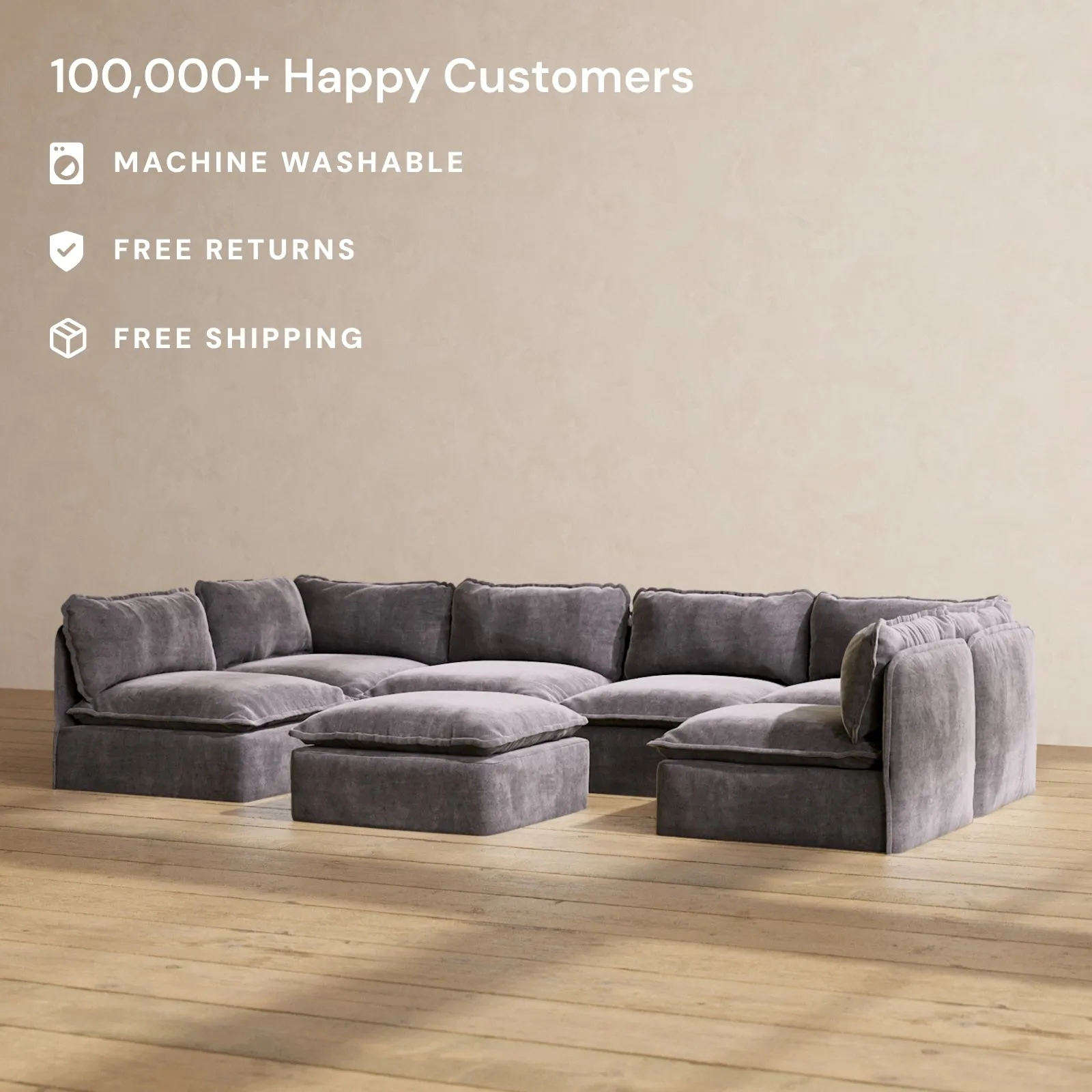 Modular Performance 6-Seater Open-Ends U-Sectional   Ottoman in Cinder | Relaxed Blend