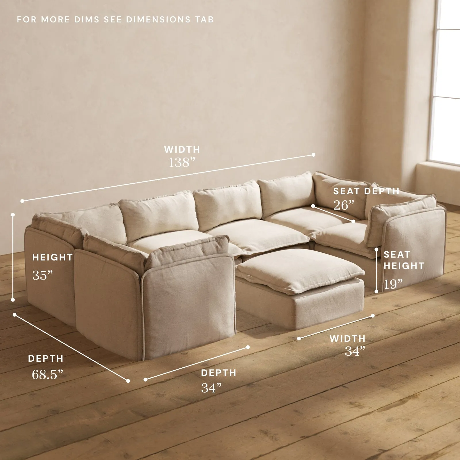 Modular Performance 6-Seater U-Sectional   Ottoman in Oat | Relaxed Blend