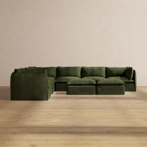 Modular Performance 7-Seater Corner Sectional   Bench Ottoman in Olive | Relaxed Blend