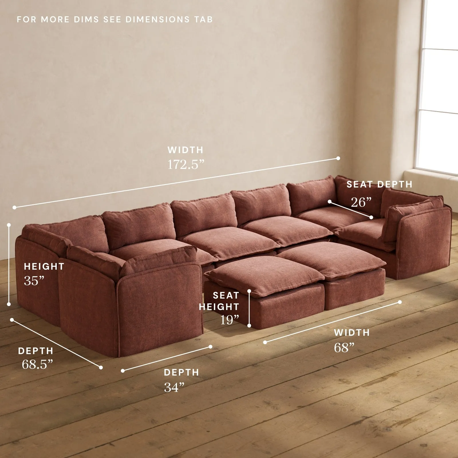 Modular Performance 7-Seater U-Sectional   Bench Ottoman in Chestnut | Relaxed Blend