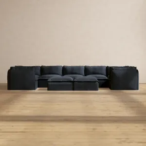 Modular Performance 7-Seater U-Sectional   Bench Ottoman in Indigo | Relaxed Blend