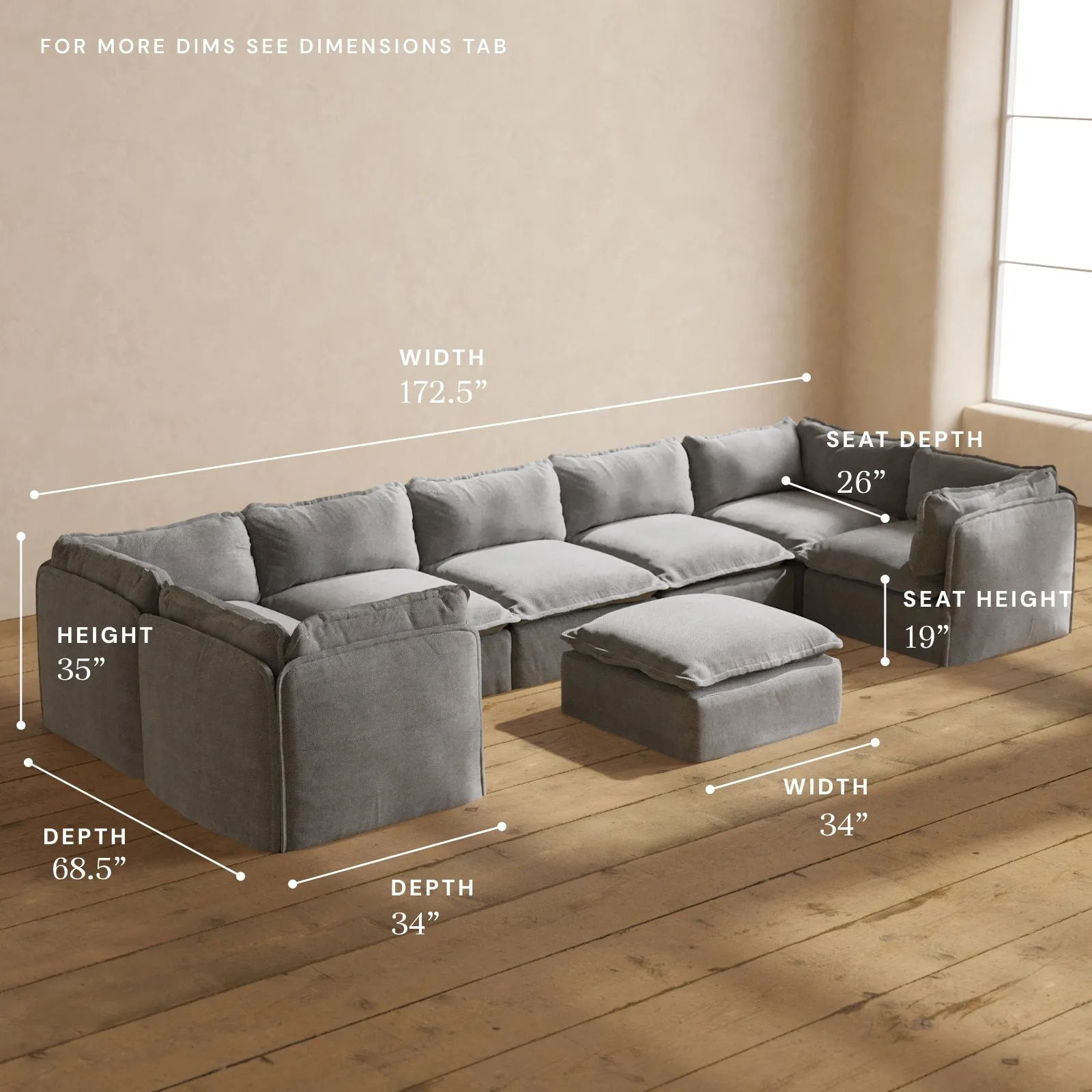 Modular Performance 7-Seater U-Sectional   Ottoman in Ash | Relaxed Blend