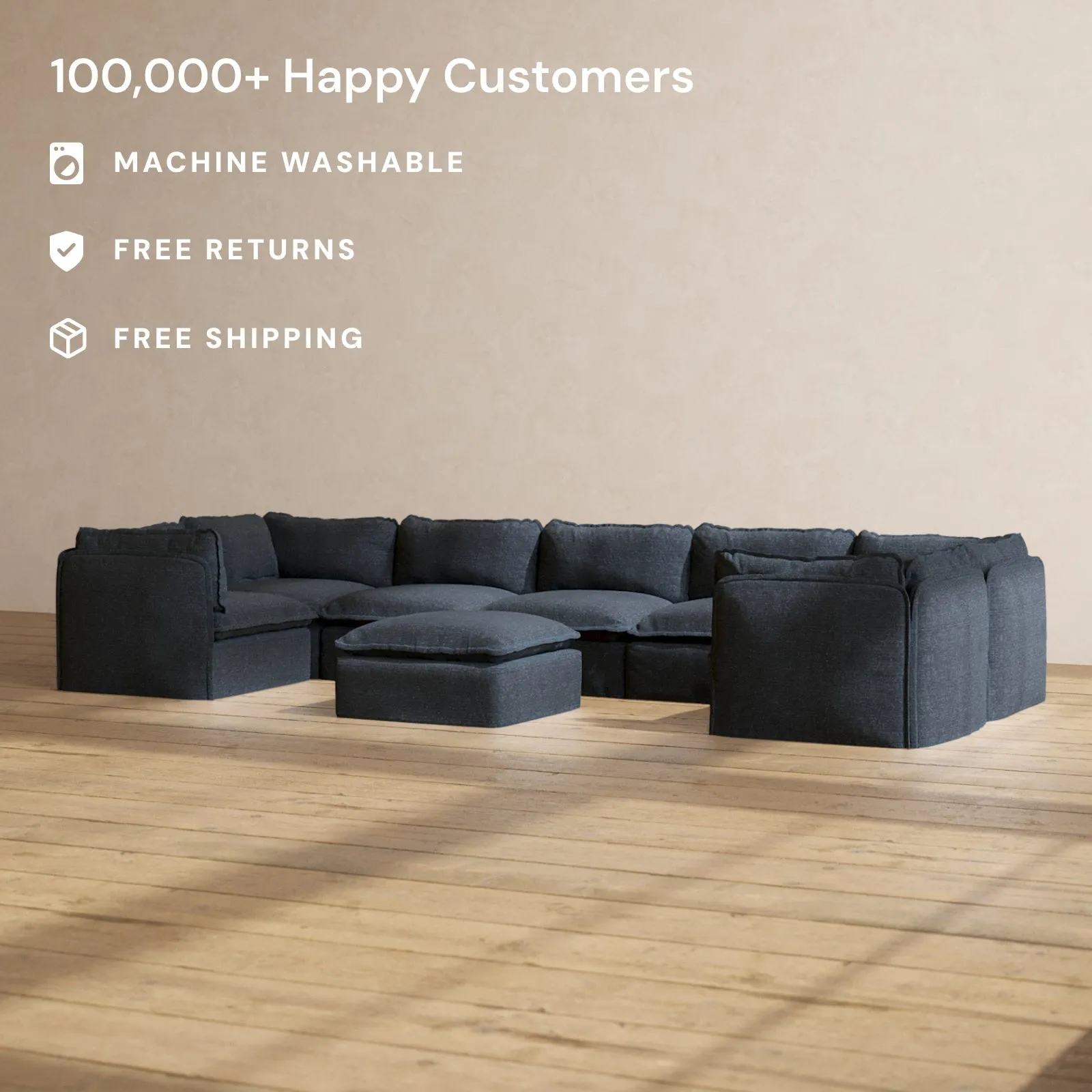 Modular Performance 7-Seater U-Sectional   Ottoman in Indigo | Relaxed Blend