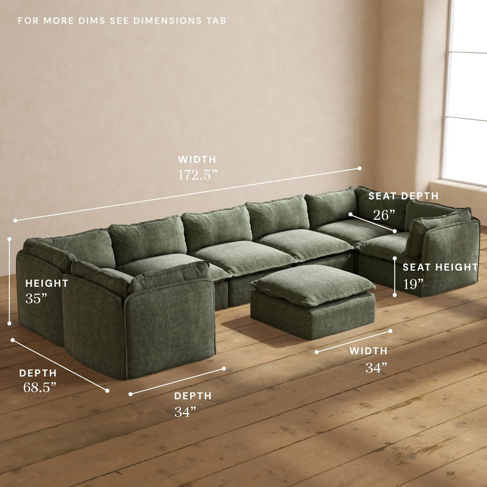 Modular Performance 7-Seater U-Sectional   Ottoman in Willow | Relaxed Blend