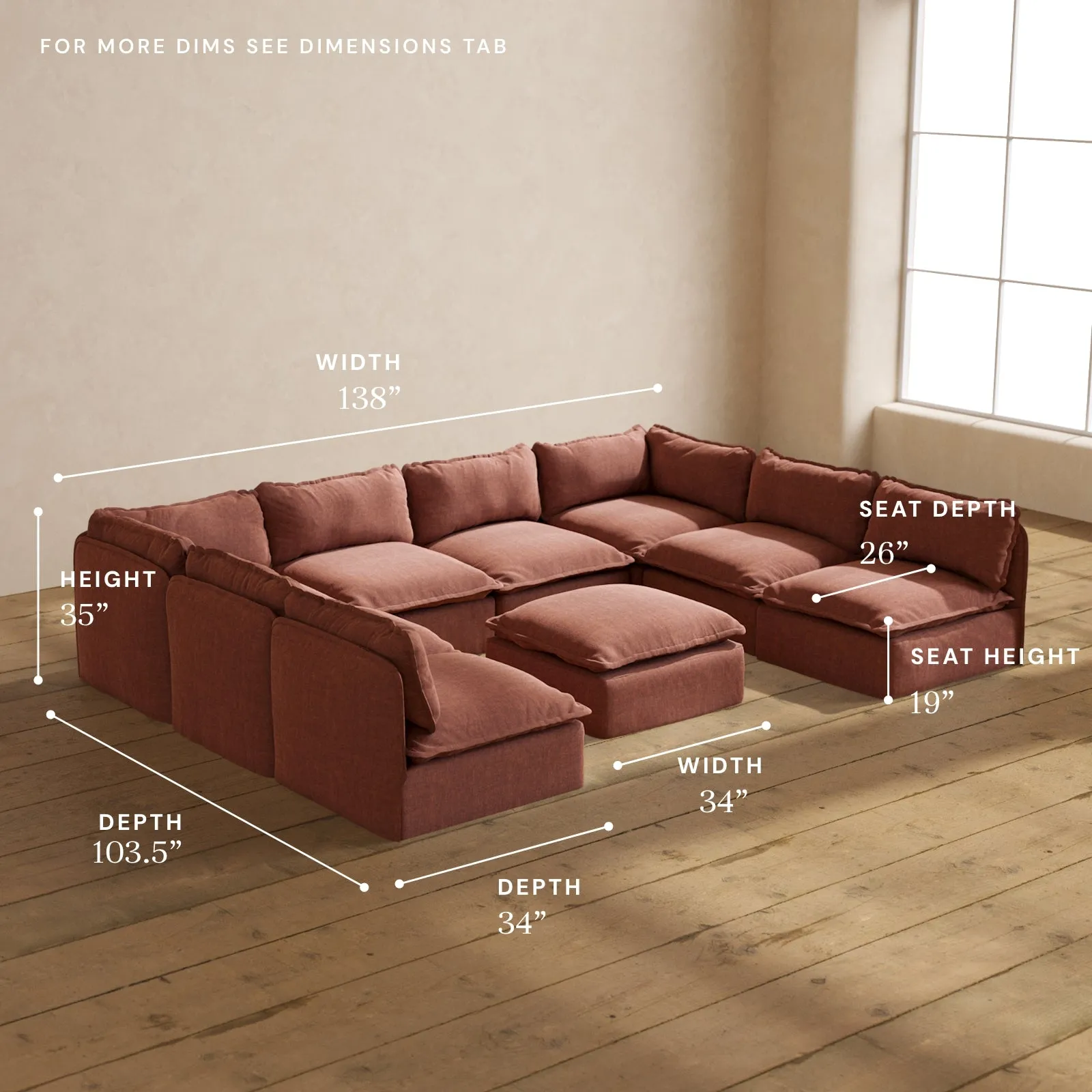 Modular Performance 8-Seater Open-Ends U-Sectional   Ottoman in Chestnut | Relaxed Blend