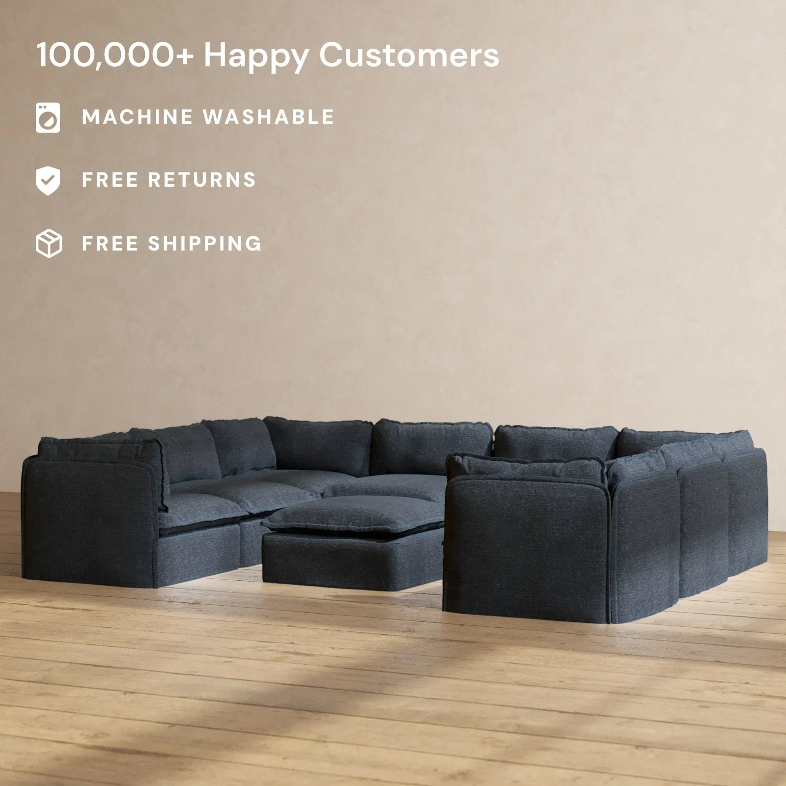 Modular Performance 8-Seater U-Sectional   Ottoman in Indigo | Relaxed Blend