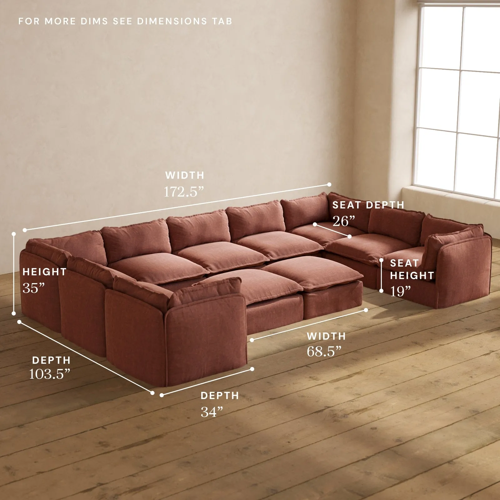 Modular Performance 9-Seater U-Sectional   Bench Ottoman in Chestnut | Relaxed Blend