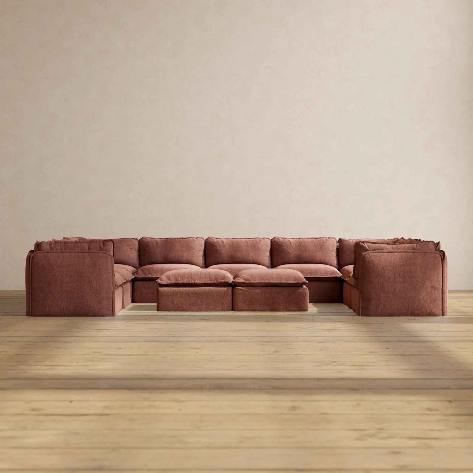 Modular Performance 9-Seater U-Sectional   Bench Ottoman in Chestnut | Relaxed Blend