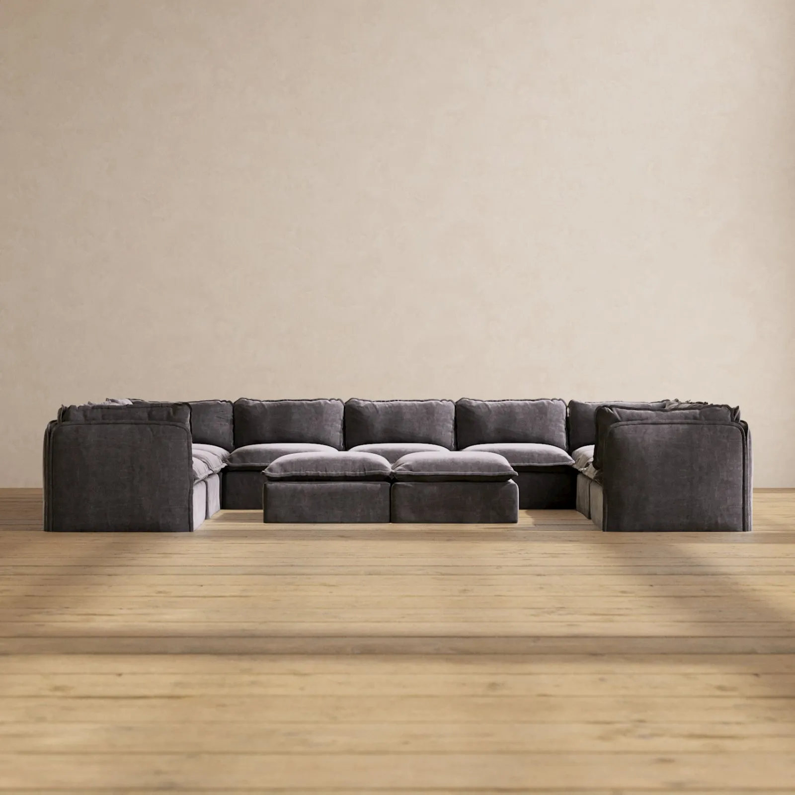 Modular Performance 9-Seater U-Sectional   Bench Ottoman in Cinder | Relaxed Blend