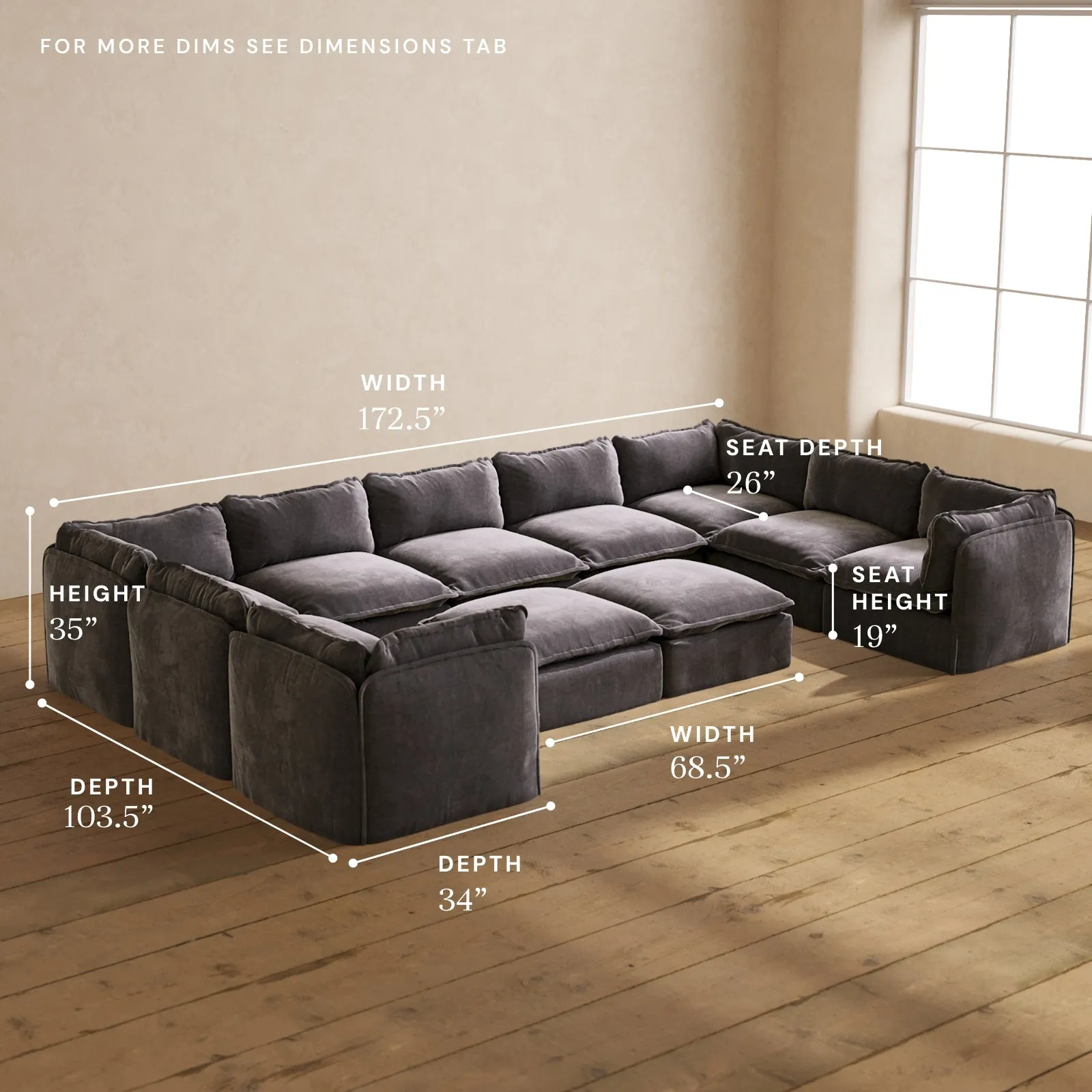 Modular Performance 9-Seater U-Sectional   Bench Ottoman in Cinder | Relaxed Blend