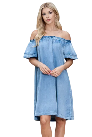 Off-Shoulder Knee-Length Denim Dress