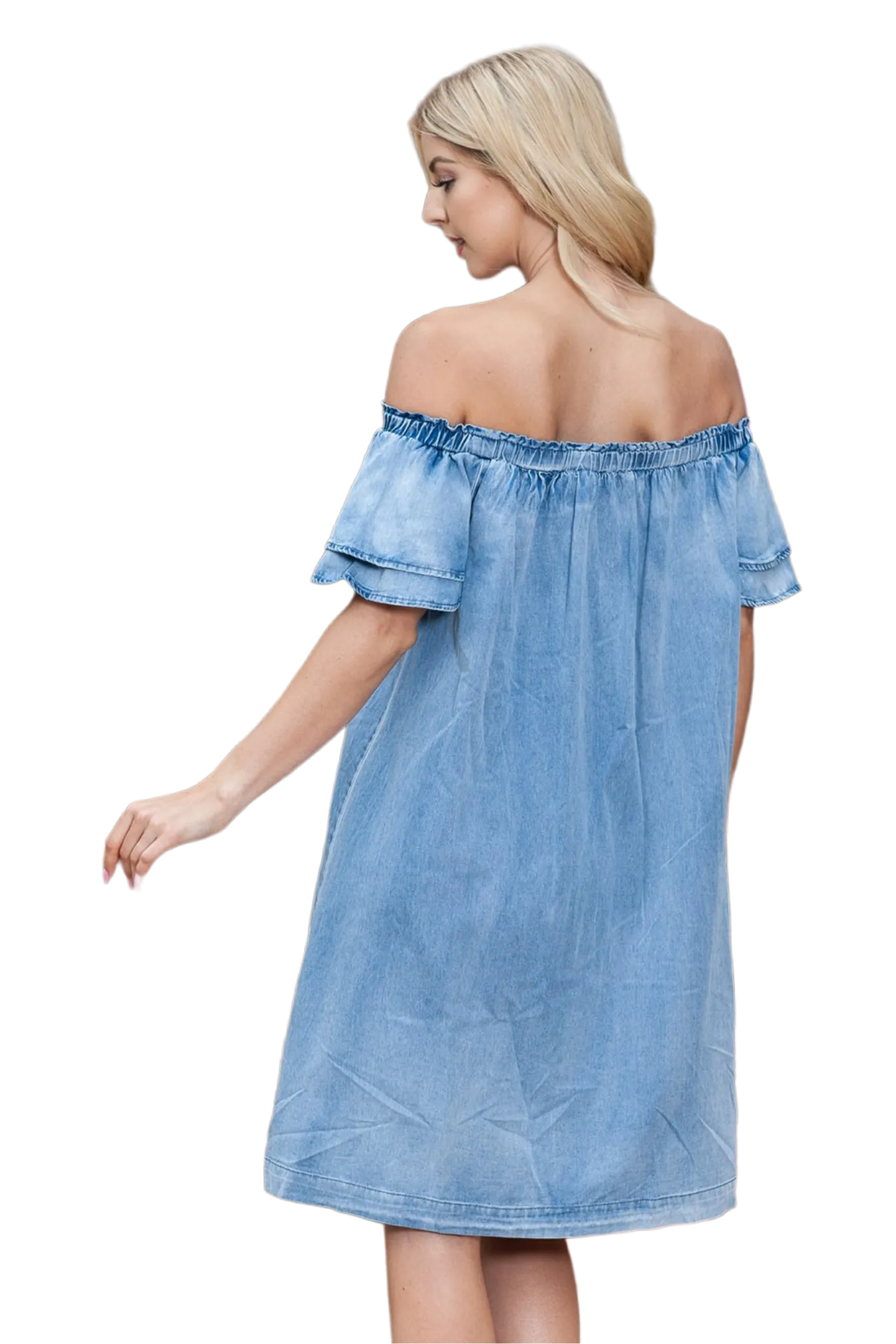 Off-Shoulder Knee-Length Denim Dress