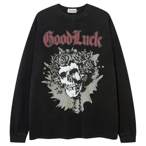 PopFlying Washed Sweatshirt Skull Rose Cross