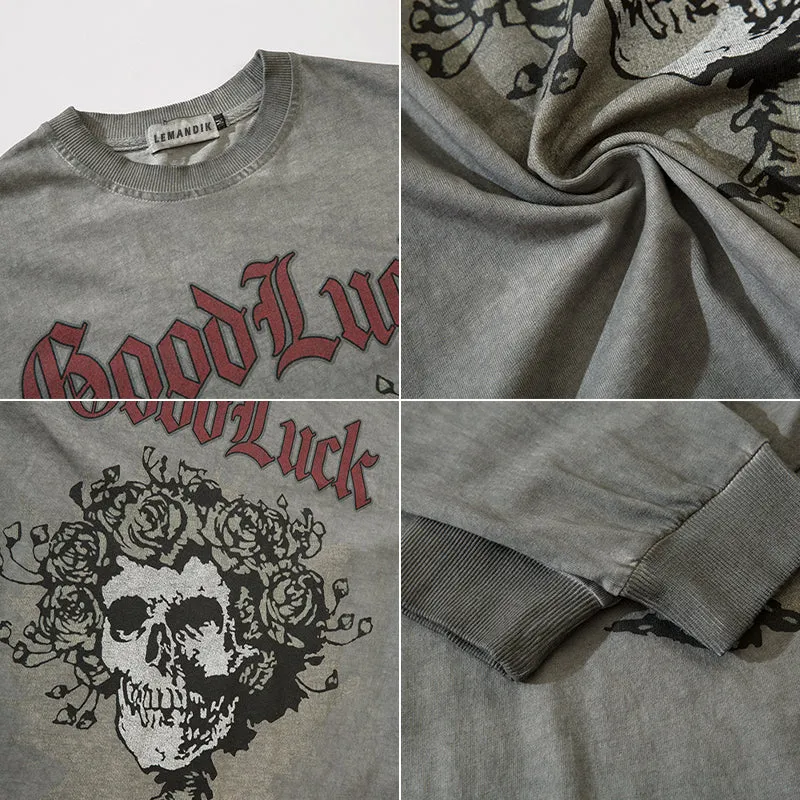 PopFlying Washed Sweatshirt Skull Rose Cross