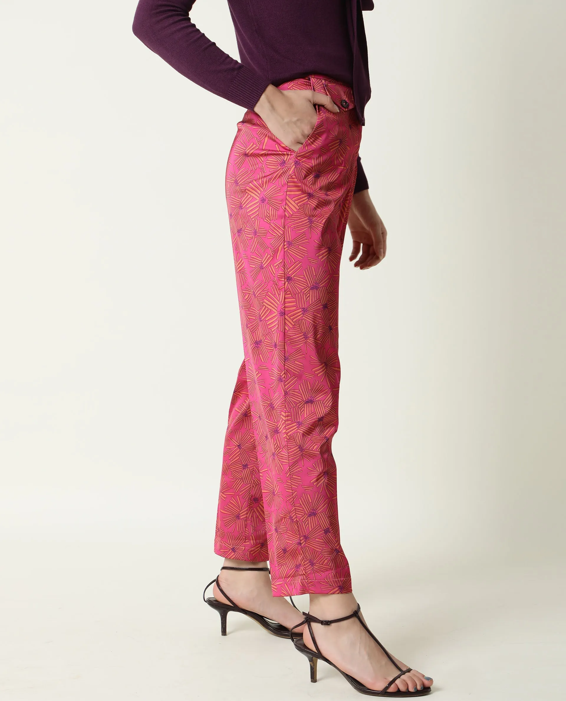 Rareism Women Catepil Flouroscent Pink Modal Fabric Tailored Fit Mid Rise Geometric Print Ankle Length Trousers