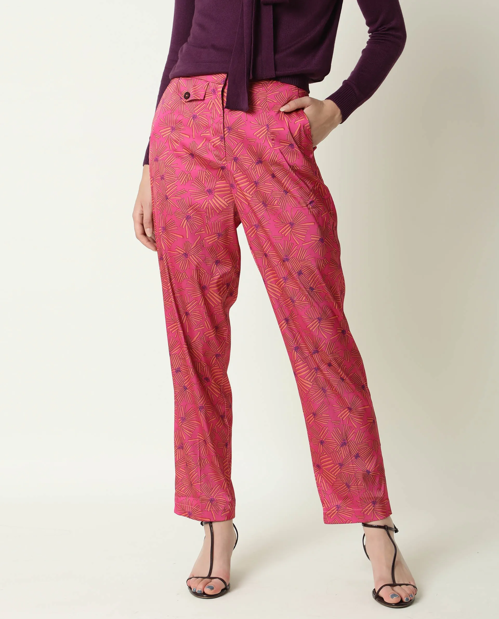 Rareism Women Catepil Flouroscent Pink Modal Fabric Tailored Fit Mid Rise Geometric Print Ankle Length Trousers