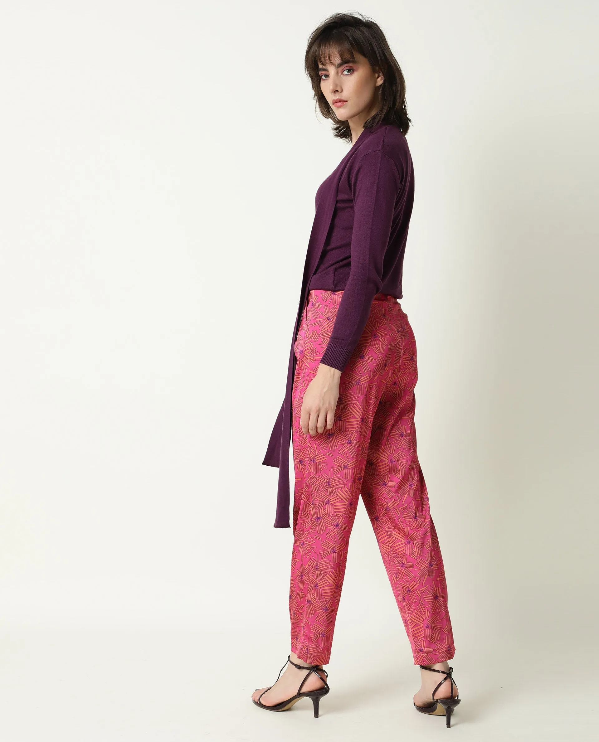 Rareism Women Catepil Flouroscent Pink Modal Fabric Tailored Fit Mid Rise Geometric Print Ankle Length Trousers