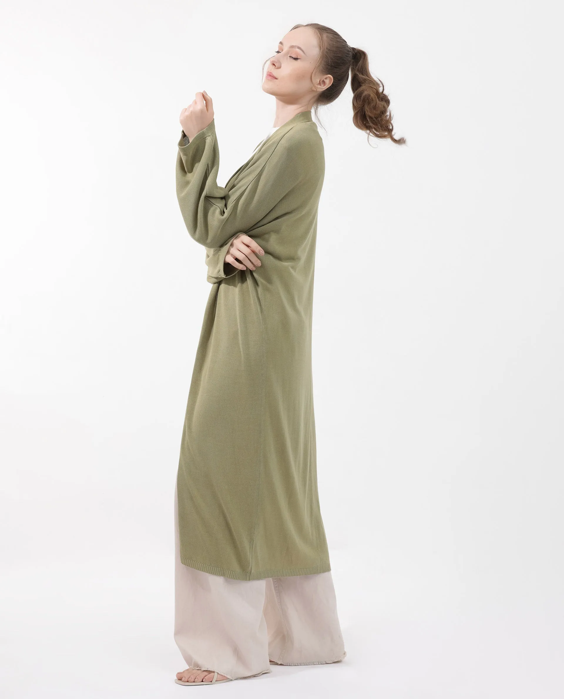 Rareism Women Keya Pastel Green Cotton Fabric Full Sleeves Extended Sleeve Relaxed Fit Plain Midi Shrug