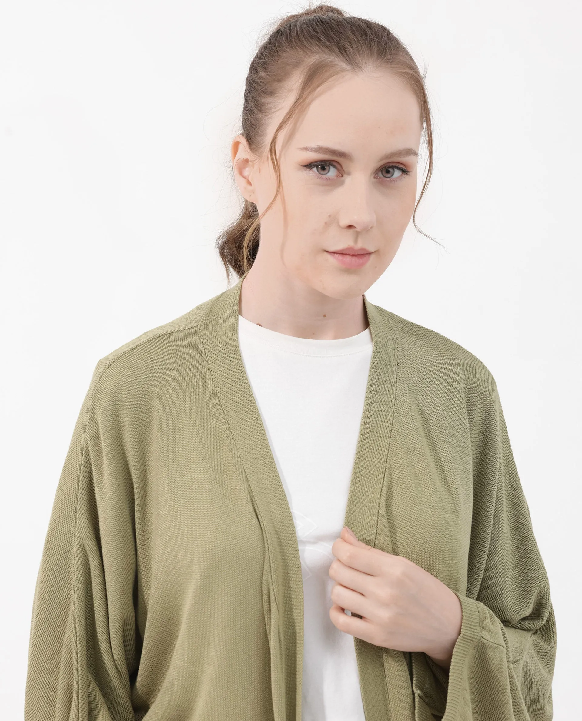 Rareism Women Keya Pastel Green Cotton Fabric Full Sleeves Extended Sleeve Relaxed Fit Plain Midi Shrug