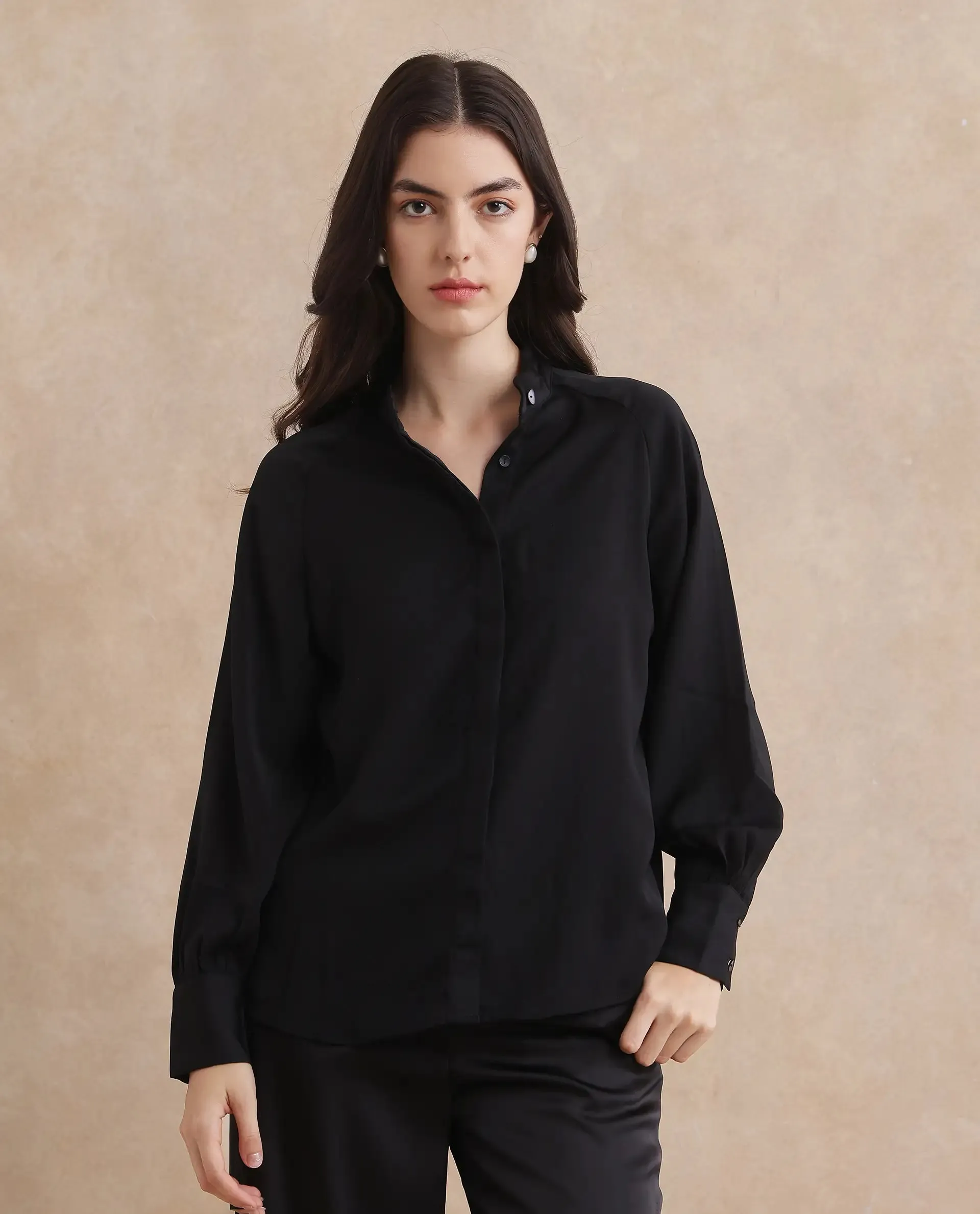 Rareism Women Snera Black Poly Blend Fabric Cuffed Sleeve Collared Neck Button Closure Plain Top