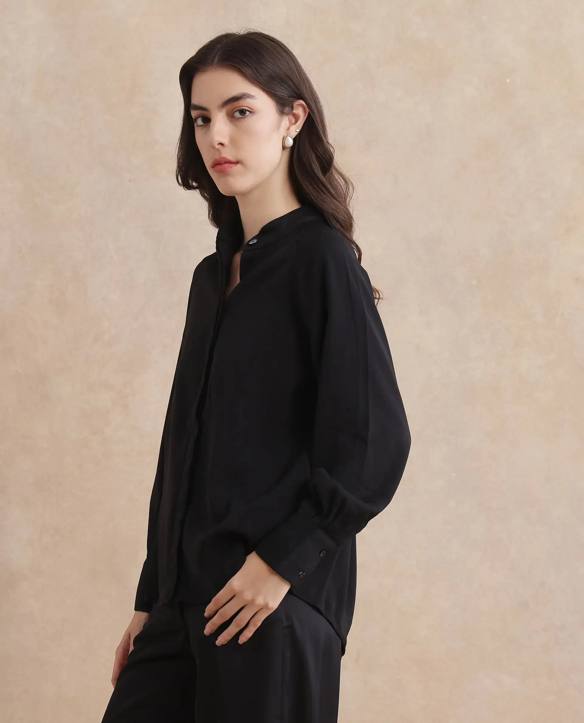 Rareism Women Snera Black Poly Blend Fabric Cuffed Sleeve Collared Neck Button Closure Plain Top