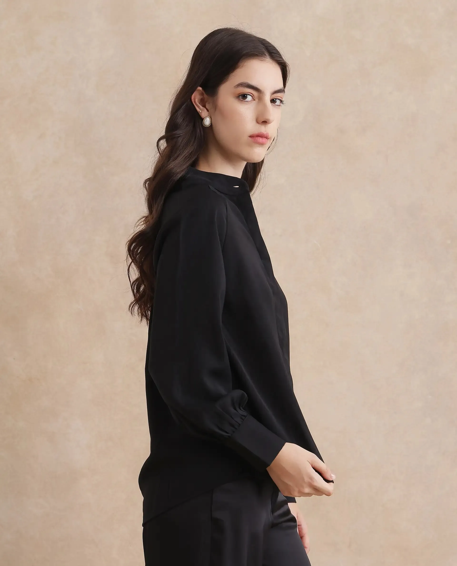 Rareism Women Snera Black Poly Blend Fabric Cuffed Sleeve Collared Neck Button Closure Plain Top