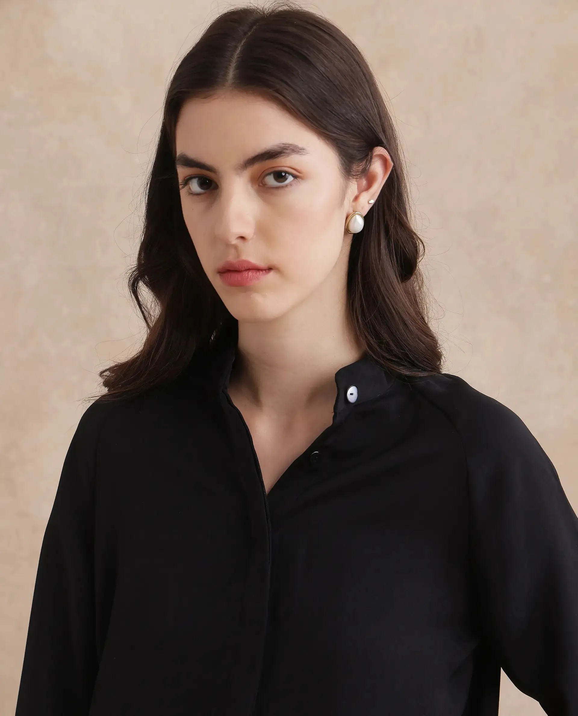 Rareism Women Snera Black Poly Blend Fabric Cuffed Sleeve Collared Neck Button Closure Plain Top