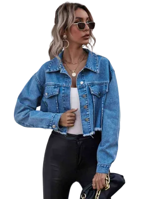 Raw Hem Collared Neck Denim Jacket