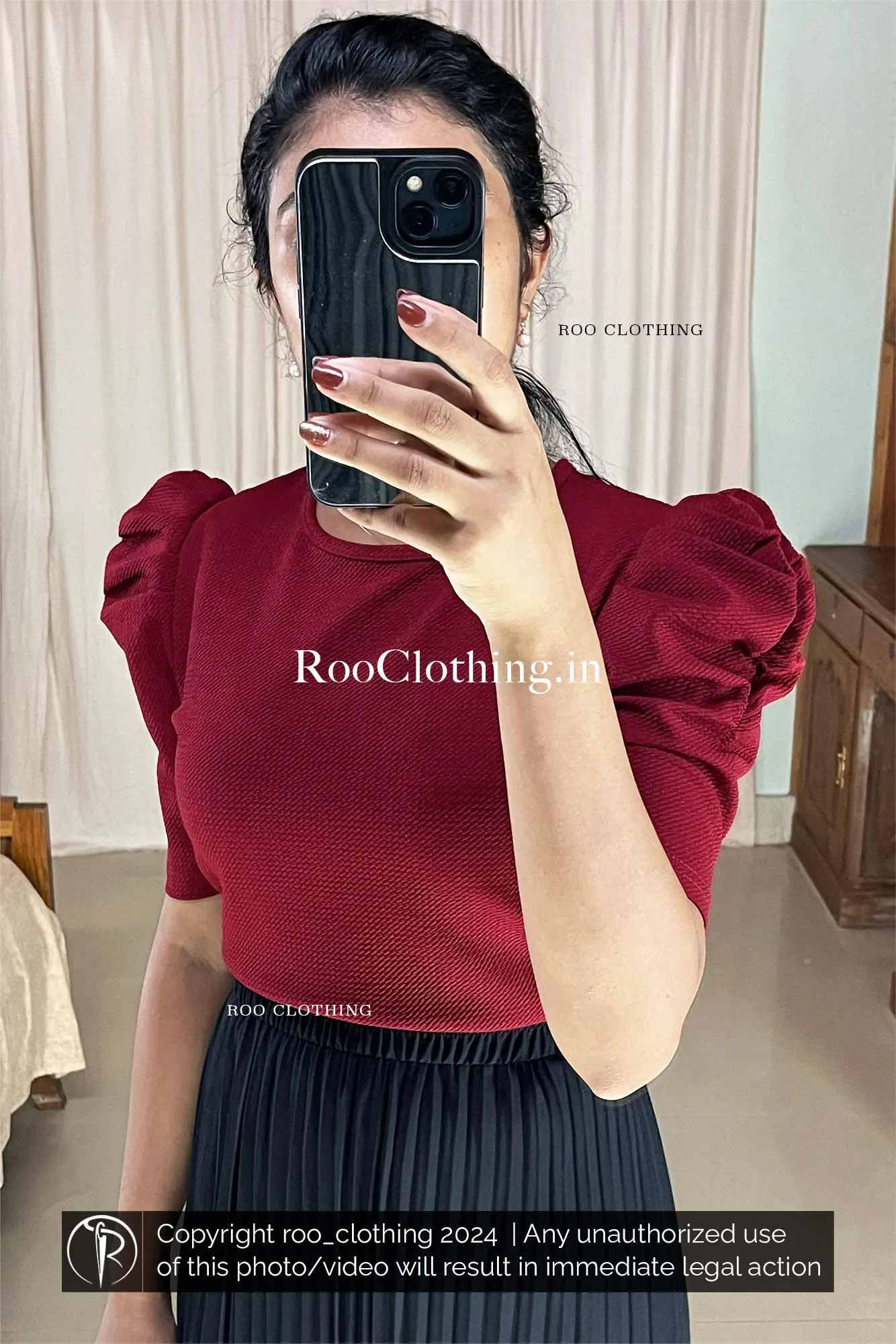 Round Neck Puff Sleeves Top in Maroon Shade (Top Only)