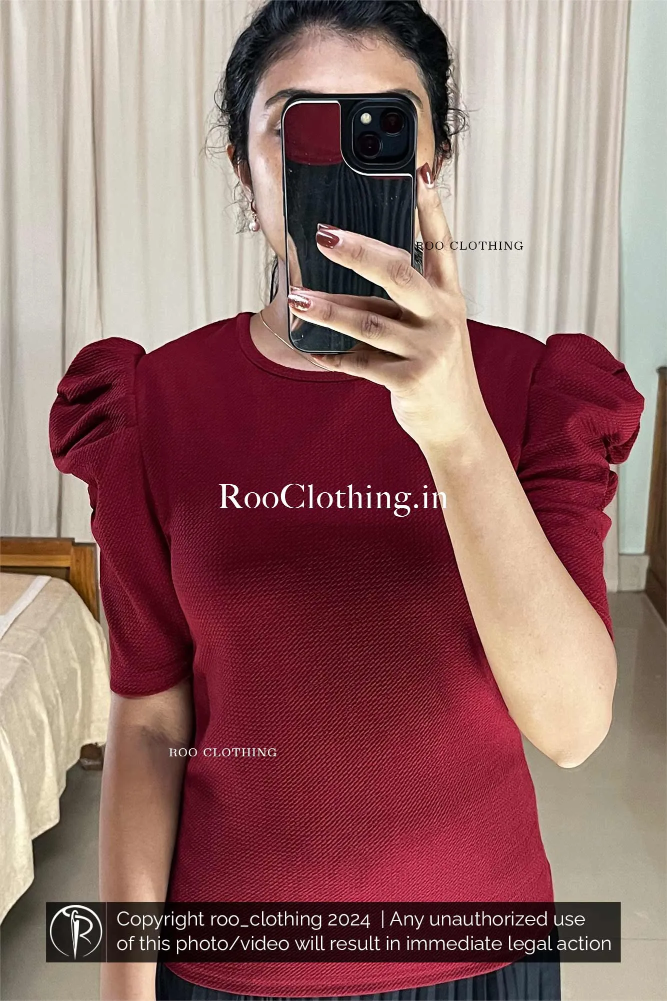 Round Neck Puff Sleeves Top in Maroon Shade (Top Only)