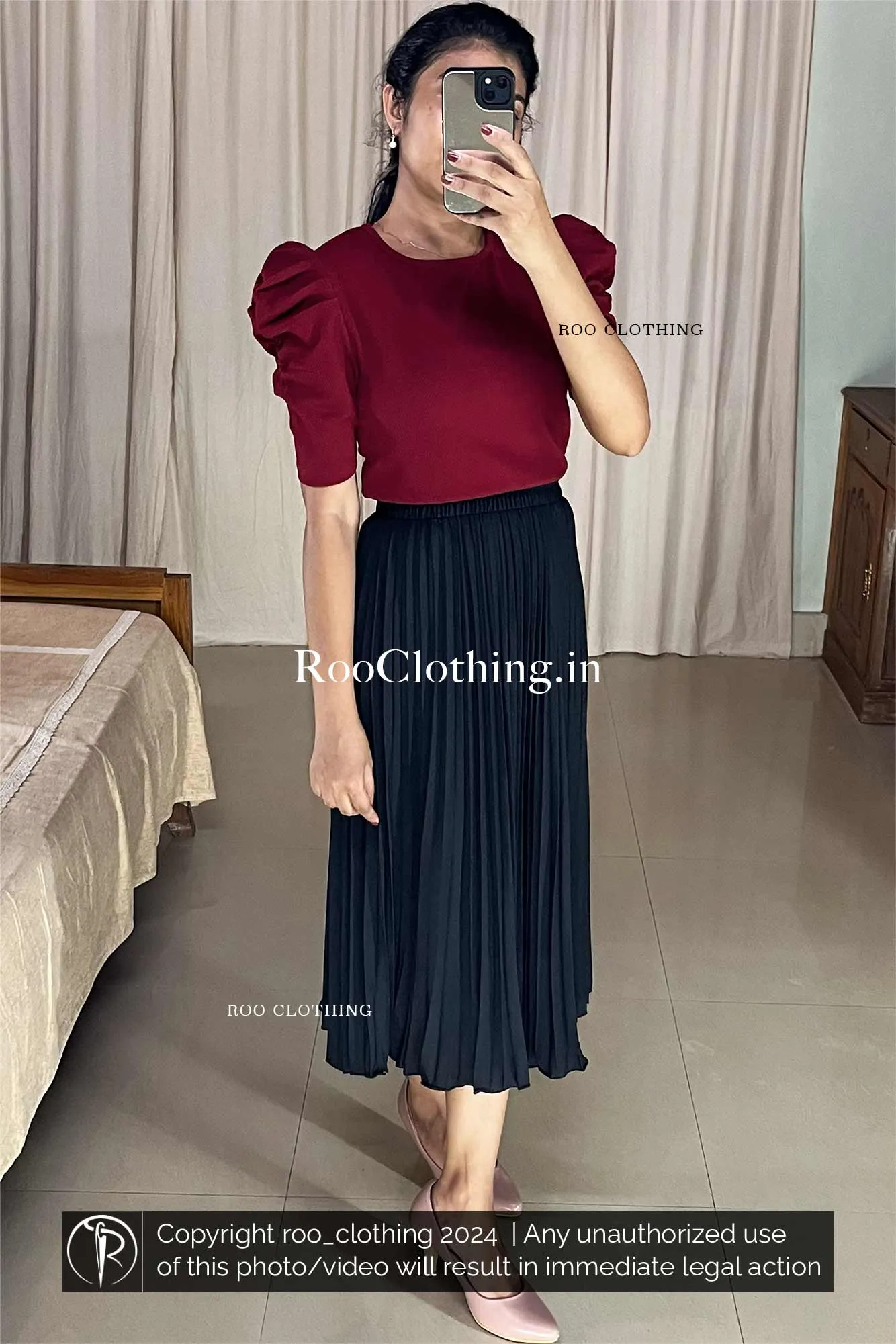 Round Neck Puff Sleeves Top in Maroon Shade (Top Only)