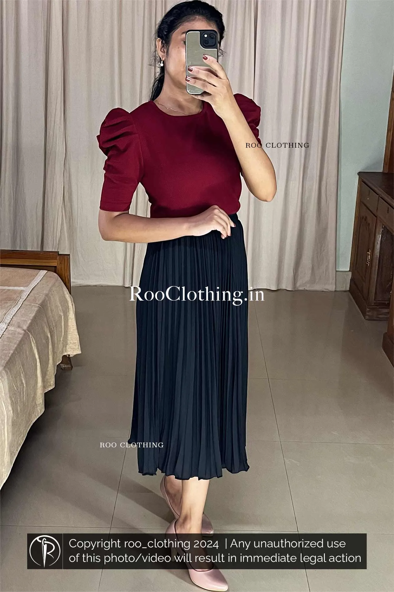 Round Neck Puff Sleeves Top in Maroon Shade (Top Only)