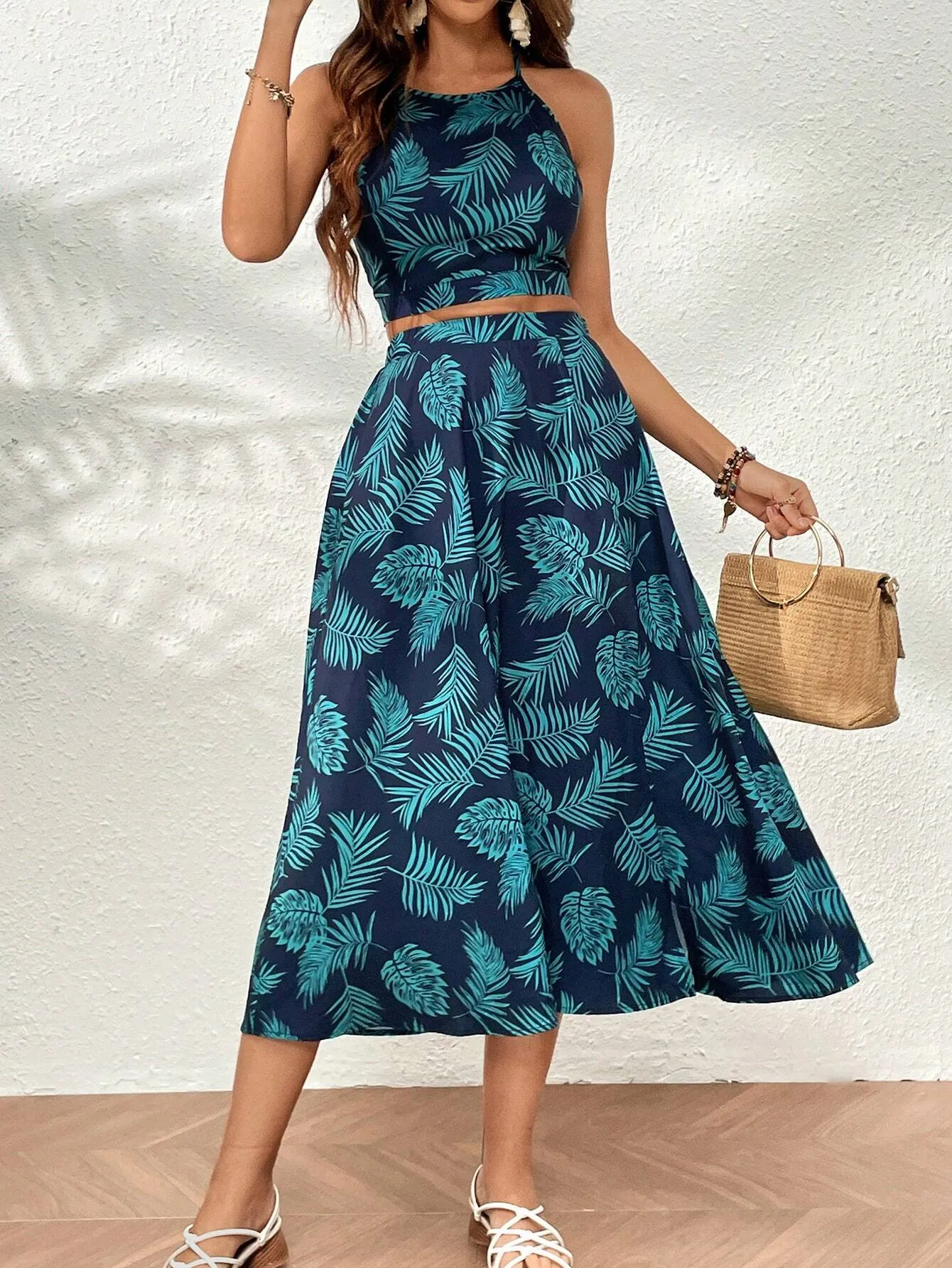 SHEIN VCAY Tropical Print Tie Back Cami Top & Split Thigh Skirt