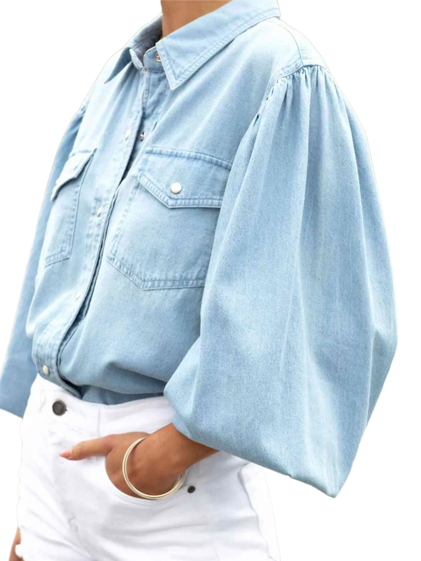 Snap Down Puff Sleeve Denim Top