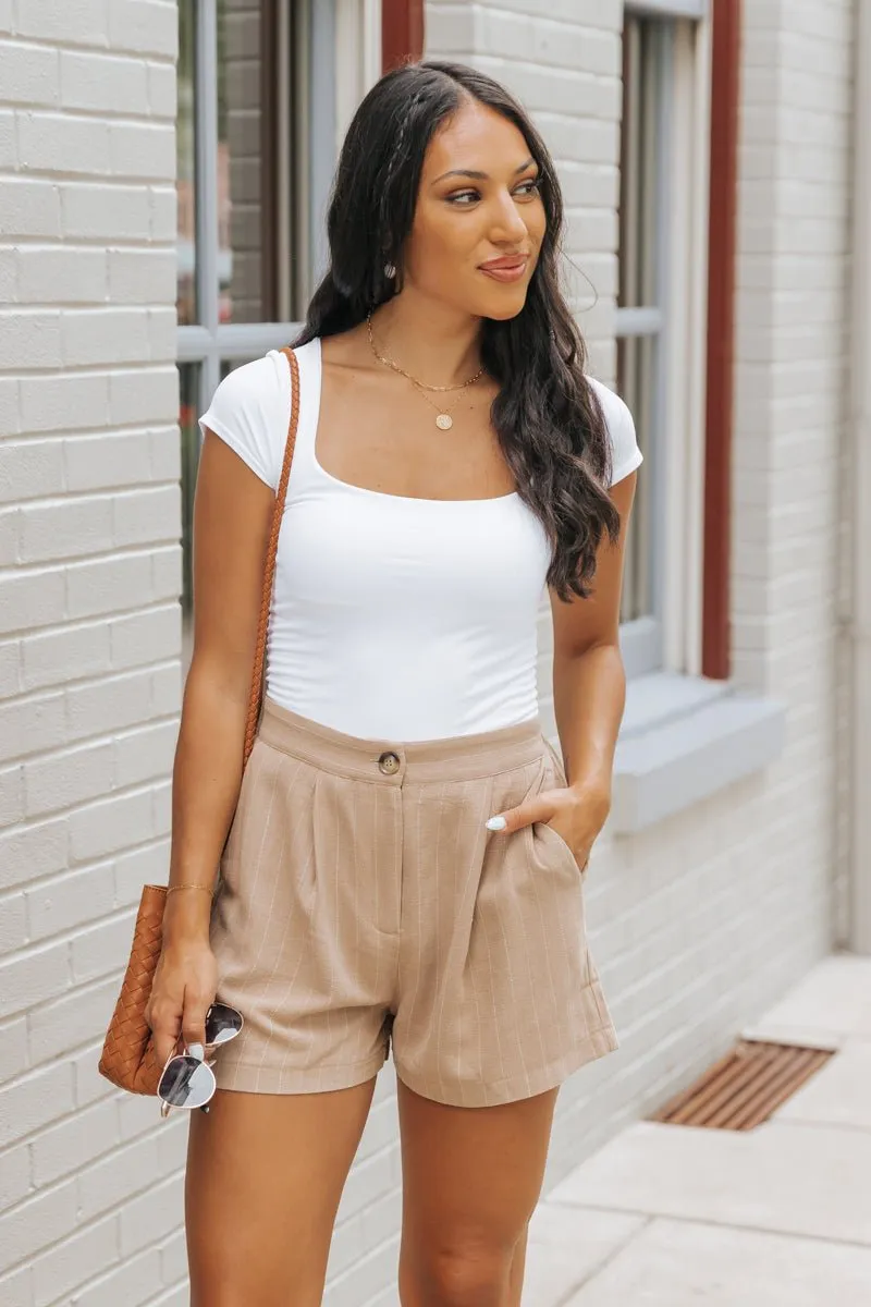 Taupe Stripe Pleated Linen Shorts - FINAL SALE