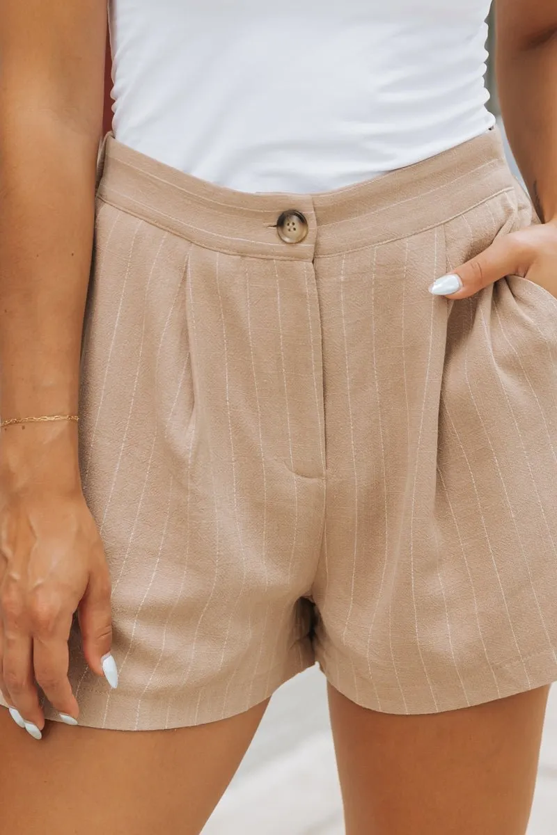 Taupe Stripe Pleated Linen Shorts - FINAL SALE