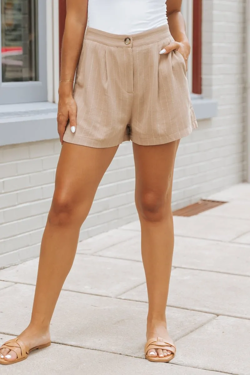 Taupe Stripe Pleated Linen Shorts - FINAL SALE