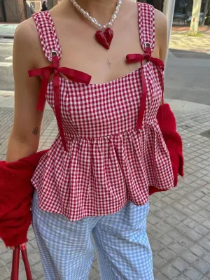 TAVIMART  -  Women's Shoulder Tie Tank Tops Classic Plaid Print Sleeveless Square Neck Ruffle Babydoll Peplum Vest for Summer Y2k Aesthetic