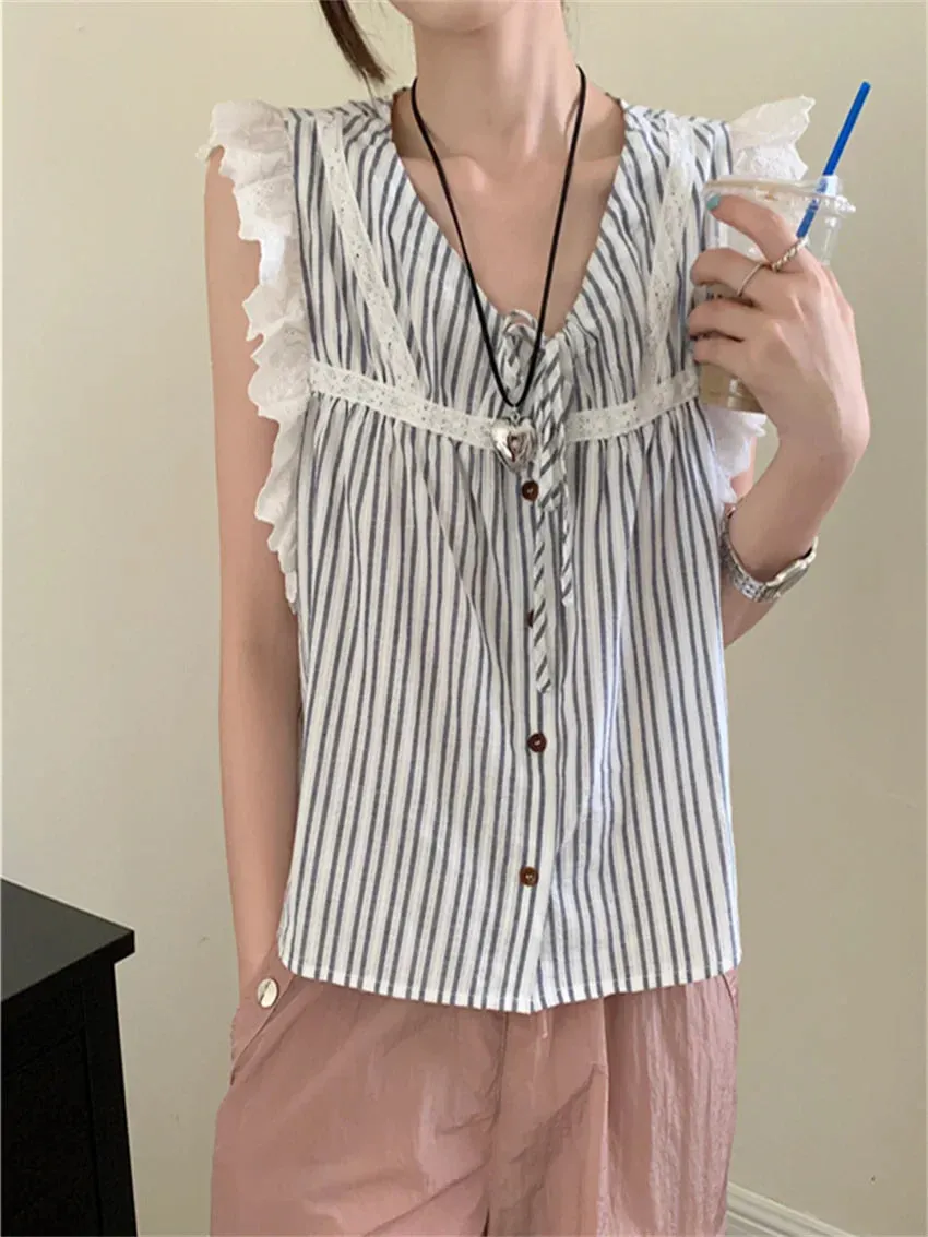 Territory  Sweet Stripes Tank Tops Lace Women Chic Loose Gentle Camping All Match Slim New Summer Office Lady Outwear Camis