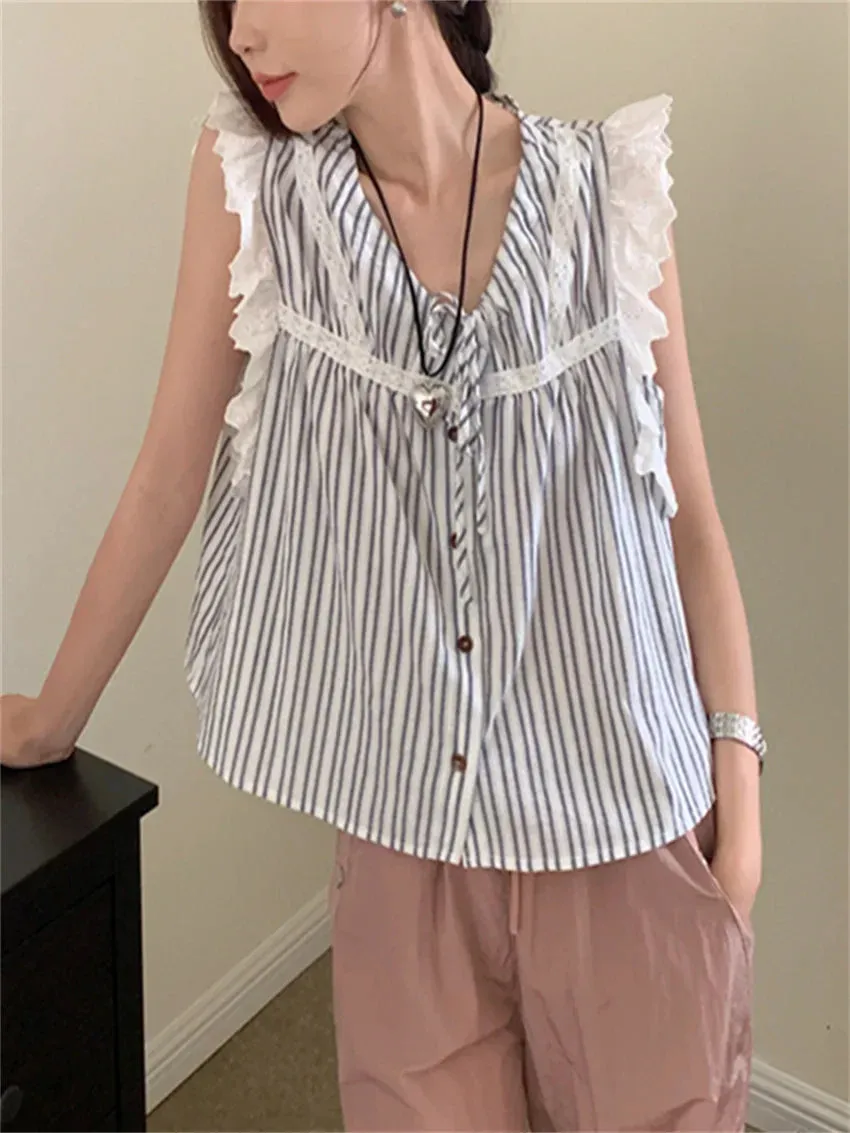 Territory  Sweet Stripes Tank Tops Lace Women Chic Loose Gentle Camping All Match Slim New Summer Office Lady Outwear Camis