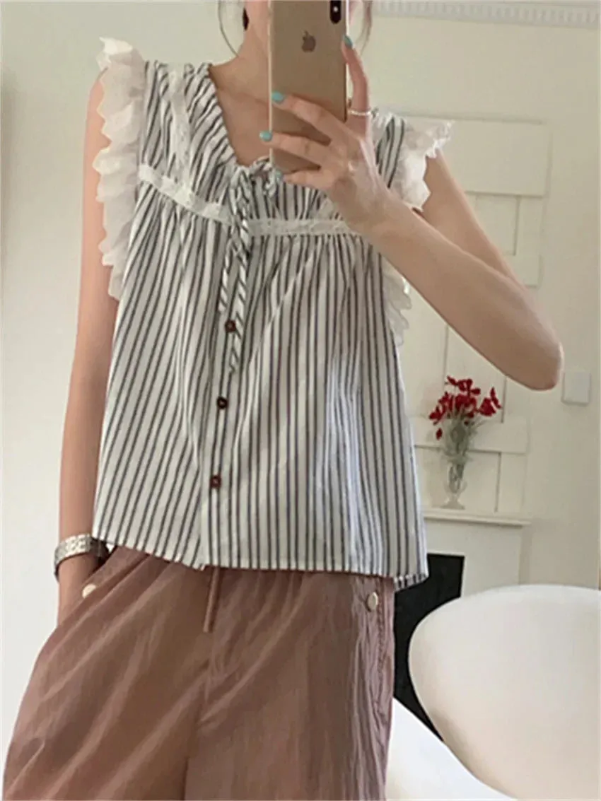 Territory  Sweet Stripes Tank Tops Lace Women Chic Loose Gentle Camping All Match Slim New Summer Office Lady Outwear Camis