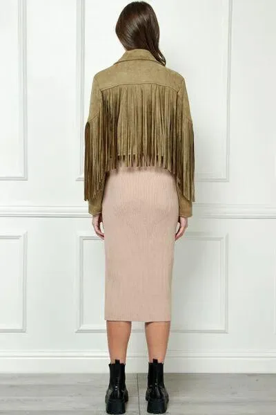 Veveret Olive-green Suede Fringe Long Sleeve Moto Jacket