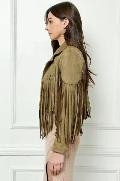 Veveret Olive-green Suede Fringe Long Sleeve Moto Jacket