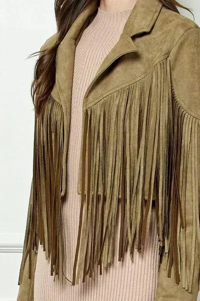 Veveret Olive-green Suede Fringe Long Sleeve Moto Jacket