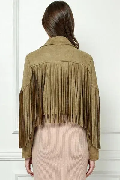 Veveret Olive-green Suede Fringe Long Sleeve Moto Jacket