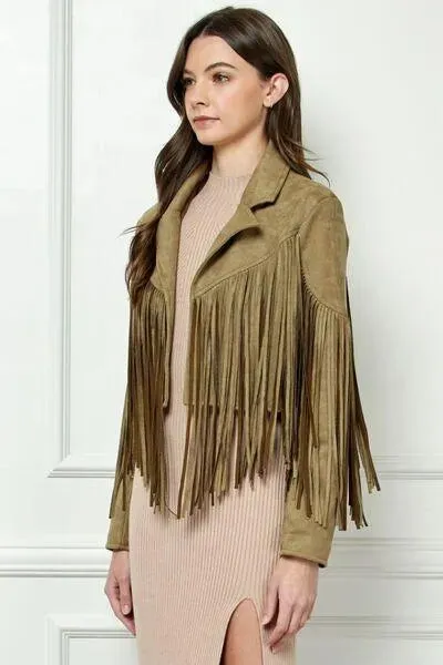 Veveret Olive-green Suede Fringe Long Sleeve Moto Jacket