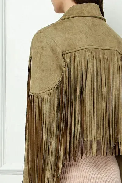 Veveret Olive-green Suede Fringe Long Sleeve Moto Jacket