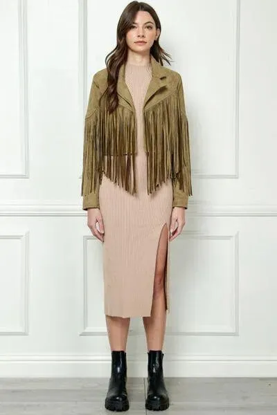 Veveret Olive-green Suede Fringe Long Sleeve Moto Jacket