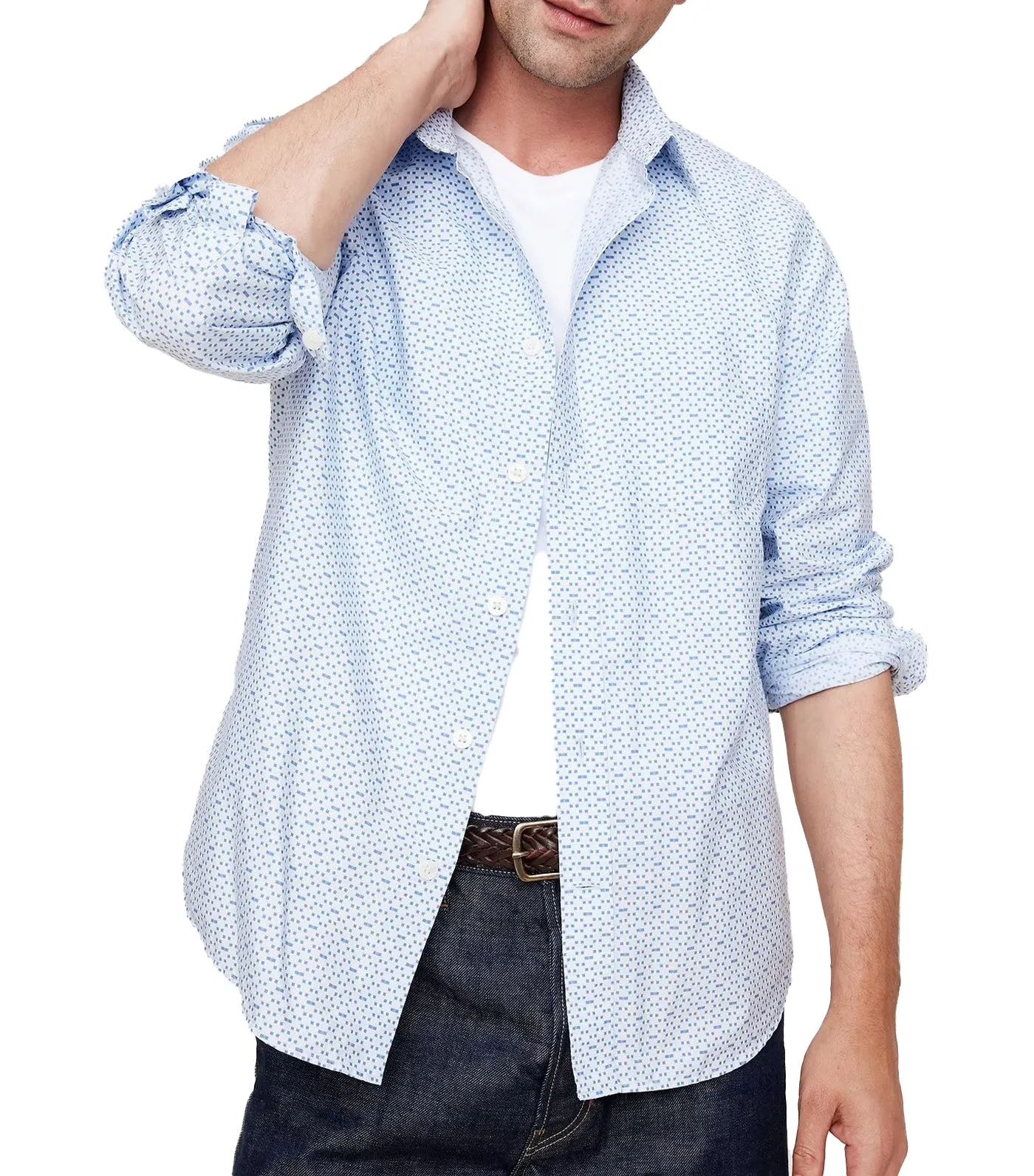 Washed Cotton Poplin Shirt Blue Mini Geo